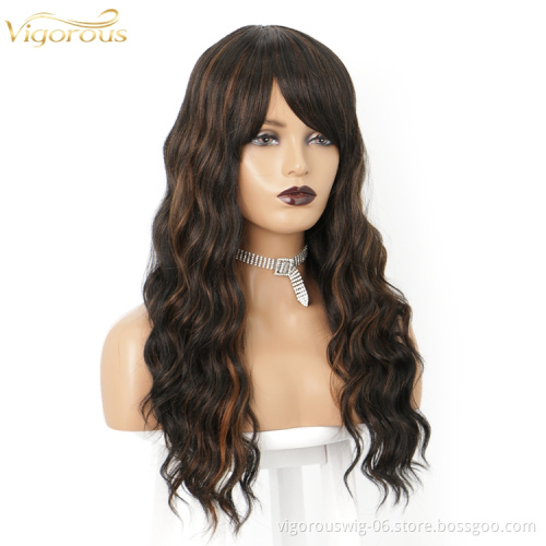 Vigorous loose wave curly long highlight brown hair with bang heat resistant synthetic fiber wig no lace front for women